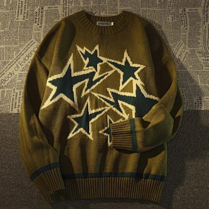 maoxiangshop Autumn and Winter Sweater Men Women American Style Star Print Loose Knitted Pullover High Street Harajuku Oversize Tops Y2K New