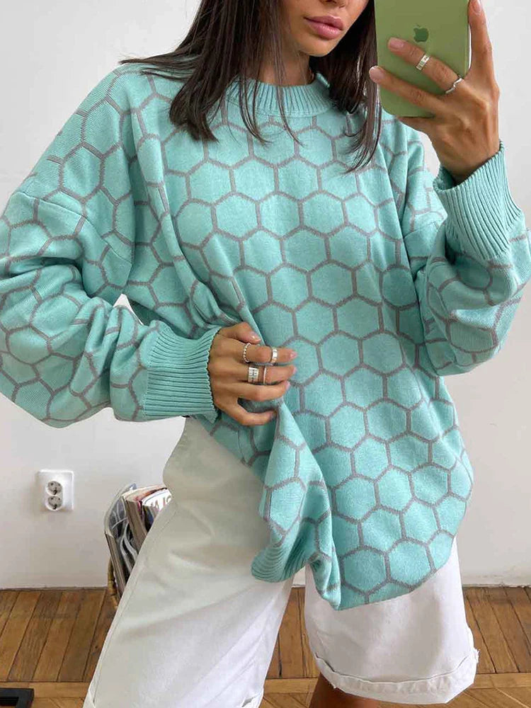 maoxiangshop  -  Autumn New Pullover Sweater Women's Retro Plaid Print Loose Casual Knitted Top  Long Sleeve Round Neck Female Fashion