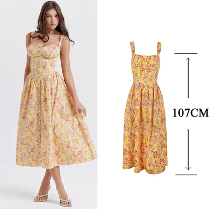 Summer Elegant Midi Dress Casual Pink Button Floral Print Holiday Party Long Dresses for Women New In Dresses