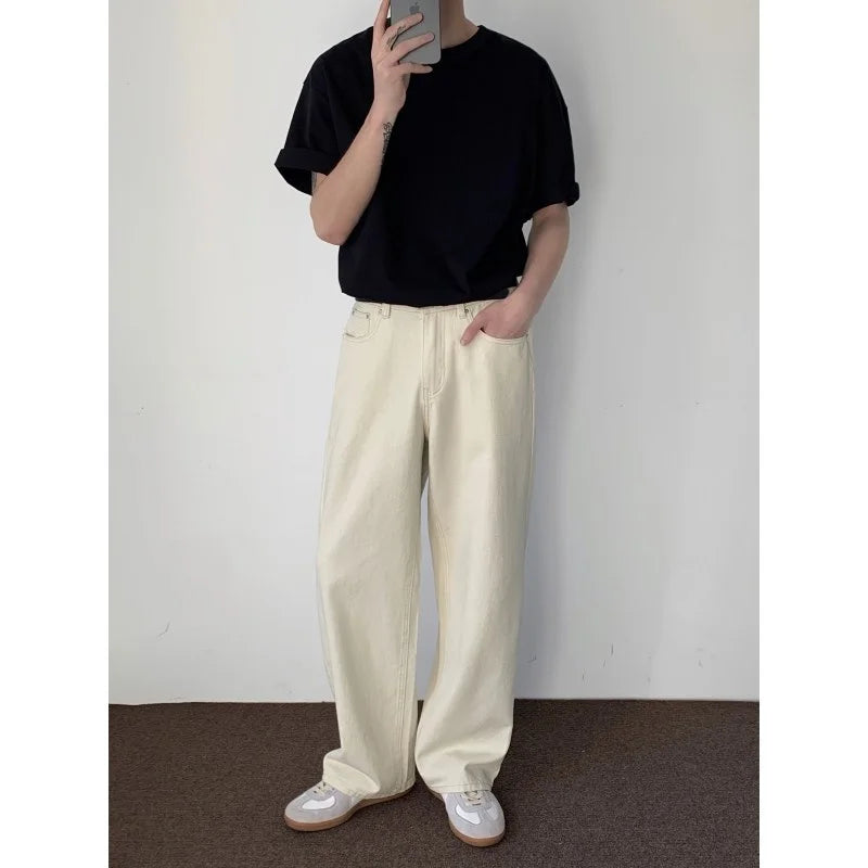 maoxiangshop Baggy Beige Jeans Men Fashion Casual Oversized Wide Leg Jeans Men Streetwear Korean Loose Straight Denim Pants Mens Trousers