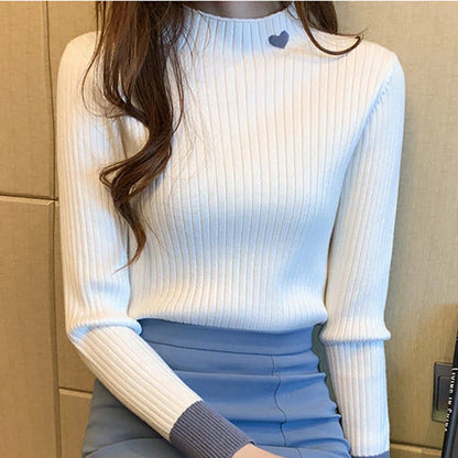 maoxiangshop Women Embroidered Mock Neck Sweater Patchwork Long Sleeve Slim Bottoming Knit Jumper Casual Sweater For Women Fall Winter