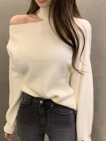 maoxiangshop 2024 Autumn Winter Women Turtleneck Sweater Oversize Warm Pullovers Sweater Long Sleeve Off Shoulder Loose Jumper