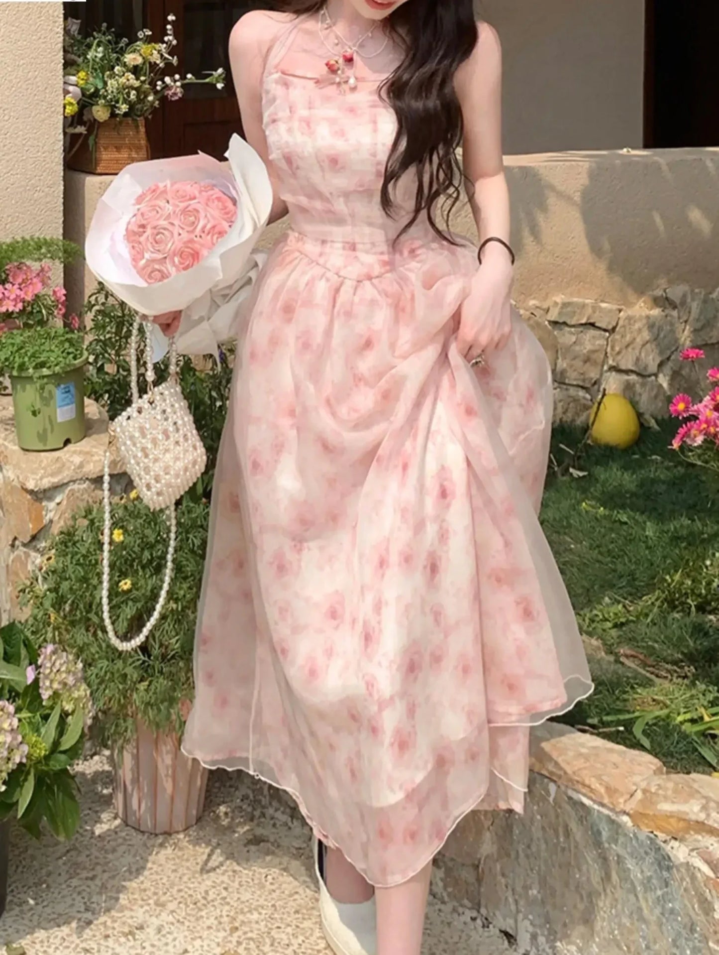 Summer Elegant Korean Sweet Pink Halter Dress Women Casual Y2K Print Chiffon Sleeveless Party Vestidos Fairy Princess Clothes