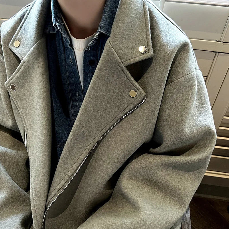 maoxiangshop MEN WINTER OUTFIT Winter Thickened Short Woolen Coat Men Warm Casual Zipper Woolen Jacket Men Korean Loose Thick Woolen Coat Mens Jackets Coat