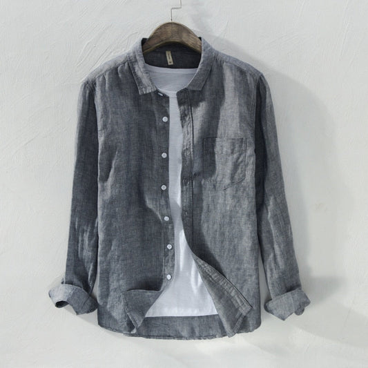 maoxiangshop Mens Cotton Linen Shirt Breathable Casual Solid Colors Loose Turn-down Collar Long Sleeve Button Down Blouse Tops Shirts For Man