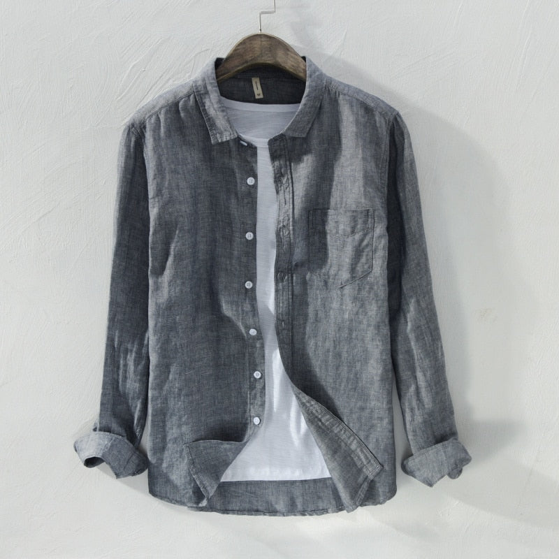 maoxiangshop Mens Cotton Linen Shirt Breathable Casual Solid Colors Loose Turn-down Collar Long Sleeve Button Down Blouse Tops Shirts For Man