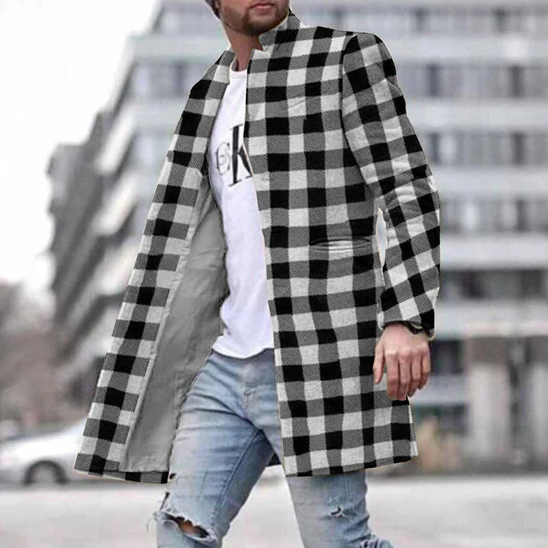 maoxiangshop WELL DRESSED MEN Autumn Winter Retro Print Woolen Coat Men Casual Single Breasted Lapel Long Sleeve Coat Men Fashion Loose Pocket Mid Long Jacket