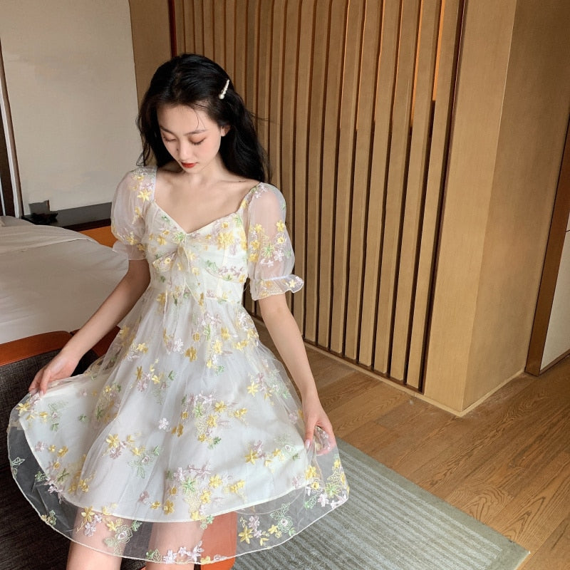 maoxiangshop Summer Women Floral Fairy Mini Dress Slash Neck Puff Sleeve Embroidery Flower Mesh Dress French Romantic Feminine Dress