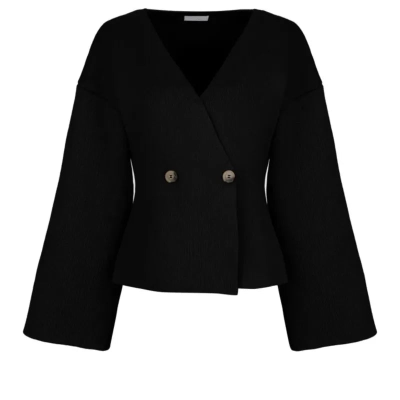 maoxiangshop -  Women's Solid Cropped Quilted Knit Coat Elegant V-neck Single Breasted Flare Sleeve Coats Winter Female Chic Streetwear Knitwear