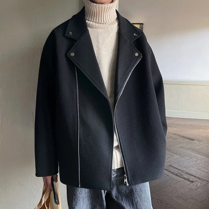 maoxiangshop MEN WINTER OUTFIT Winter Thickened Short Woolen Coat Men Warm Casual Zipper Woolen Jacket Men Korean Loose Thick Woolen Coat Mens Jackets Coat