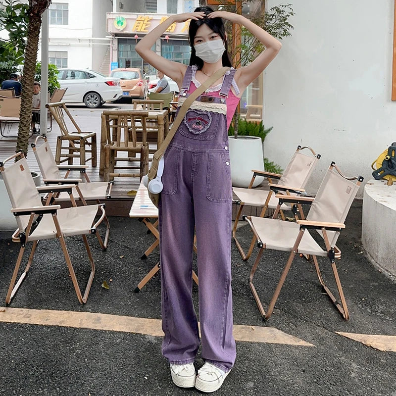 Y2k Purple Retro Overalls Baggy Jeans For Women's Fashion Summer Casual Female Romper Jumpsuit Denim Trousers Loose Pants Korean