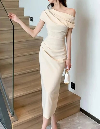 maoxiangshop Elegant Off Shoulder Evening Party Dresses Women Summer Fashion Slim One Piece Solid Vestidos Korean Graduation Robe Clothing