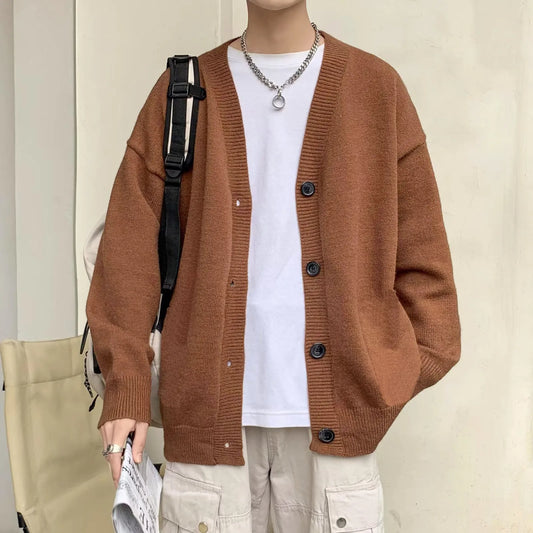 maoxiangshop Autumn Winter Men Casual V-Neck Cardigan Sweaters Solid Color Long Sleeve Outerwear Single-breasted Male Loose Knitted Coats