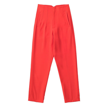 maoxiangshopWomen Light Blue Chic Fashion Office Wear Straight Pants Vintage High Waist Zipper Fly Female Trousers Fashion