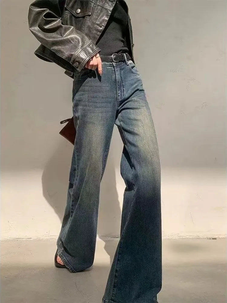 Y2k Blue Flare Jeans for Woman Vintage Wide Leg Denim Pants Female Full Length Baggy Pantalones Vaqueros Mujer Spring