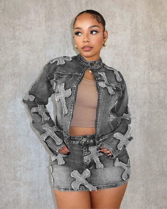 maoxiangshop-Denim Skirt Outfit Set Sexy Women Elegant Two Pieces Jeans Club Matching Set Top+Mini Skirt