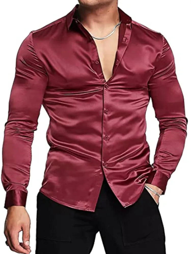 maoxiangshop Men's luxurious shiny silk satin dress shirt Long sleeved casual slim muscle button-down shirt Plus size S-3XL