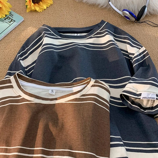 maoxiangshop M-3XL Vintage T-shirts Men Striped Y2k Tops Baggy Round Neck Korean Fashion Couple Clothes Teens Chic Handsome Camisetas Summer