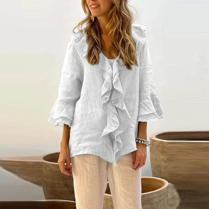 maoxiangshop  -  Autumn Casual Loose 3/4 Flying Sleeved Blouse Retro Solid Single Breasted Office Clothing Elegant V Neck Ruffles Women Pullover