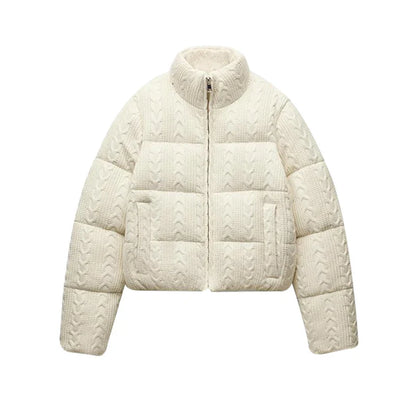 maoxiangshop  -  Knitting Cotton Print Down Short Jackets Women Thickening Solid Zipper Stand Collar Jacket Female Winter Chic Windproof Outwear
