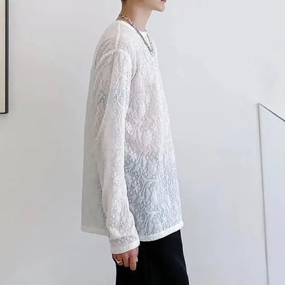 maoxiangshop French Style White Men's Wear Fashion Solid Color Jacquard Weave Tops Men's Summer Thin Style Breathable Long Sleeve T-shirt