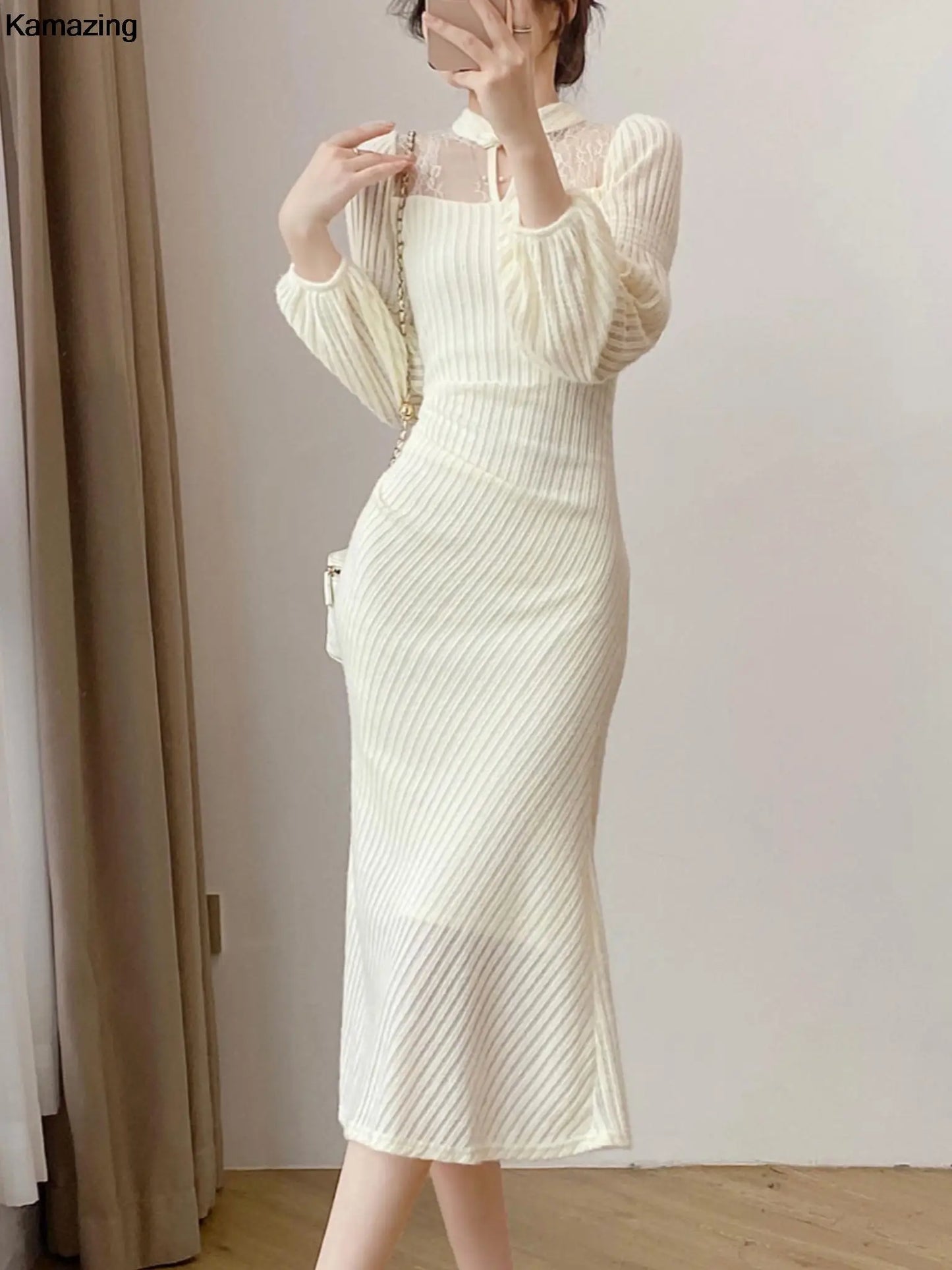 Autumn Winter Elegant Slim Evening Prom Party Dresses Ladys Vintage Long Sleeve Midi Vestdios Women Fashion One Piece Clothes