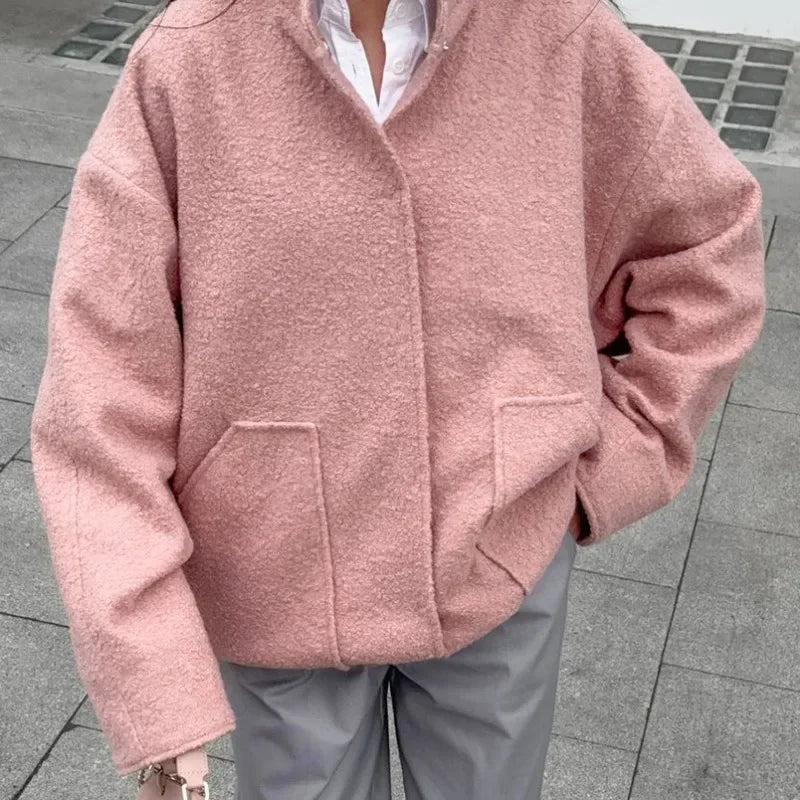maoxiangshop  -  Woman's Oversized Bomber Jacket Autumn Round Neck Long Sleeve Pocket Hidden Button Loose Jackets Coat Female Outerwear