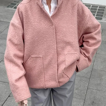 maoxiangshop  -  Woman's Oversized Bomber Jacket Autumn Round Neck Long Sleeve Pocket Hidden Button Loose Jackets Coat Female Outerwear