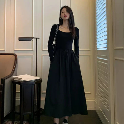 Vintage Square Collar Maxi Wedding Dresses for Women Clothing Party Office Lady Casual Black Pockets Bodycon Midi Dress Autumn