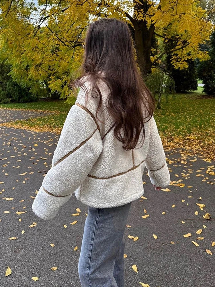 maoxiangshop  -  Vintage Lamb Wool Lapel Jackets Women Casual Warm Plush Zipper Pockets Jacket Coats Female Winter Chic High Street Outwear