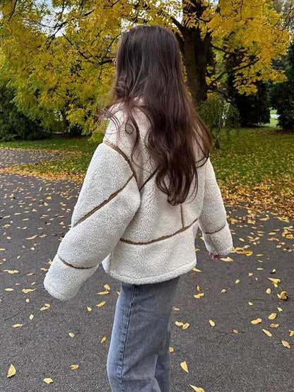 maoxiangshop  -  Vintage Lamb Wool Lapel Jackets Women Casual Warm Plush Zipper Pockets Jacket Coats Female Winter Chic High Street Outwear