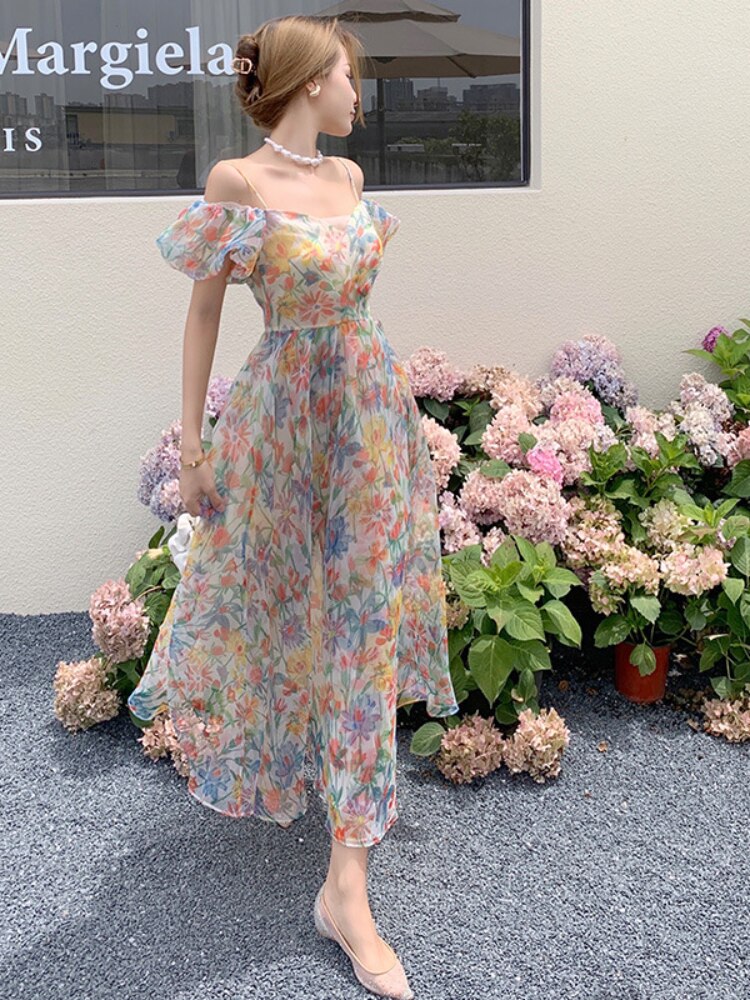 maoxiangshop Women's Skirts Long Dress Fairy Dress French Puff Sleeve Floral Dress Sweet Gauze Bandage Beach Dress Birthday Dress for Women