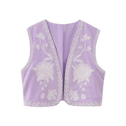 maoxiangshopWomen Fashion Y2k Vintage Floral Embroidery Vest Top V Neck Loose Casual Summer Woman Short Cardigan Waistcoat Chic Tops