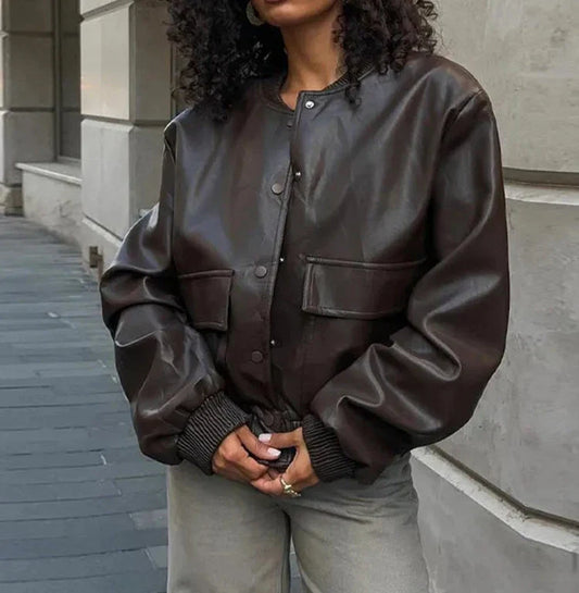 maoxiangshop  -  Fashion Round Neck Pu Leather Jacket For Women Vintage Long Sleeve Bomb Jacket 2024 New Autumn Winter Lady High Street Coat
