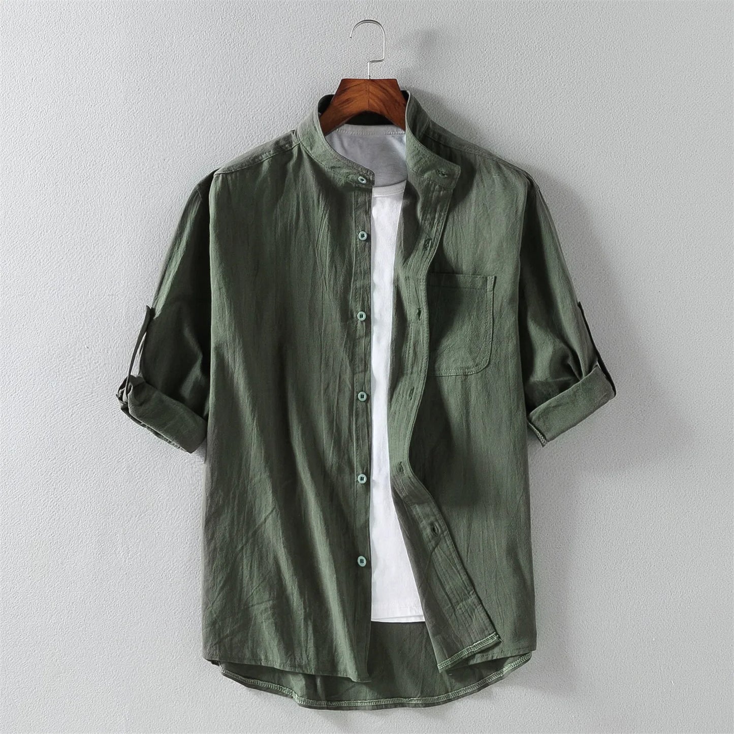 maoxiangshop Spring and Summer Stand Collar Five-point Mid-sleeve Fashionable Men's Short-sleeved Shirt Seven-point Sleeve Large Size Men's