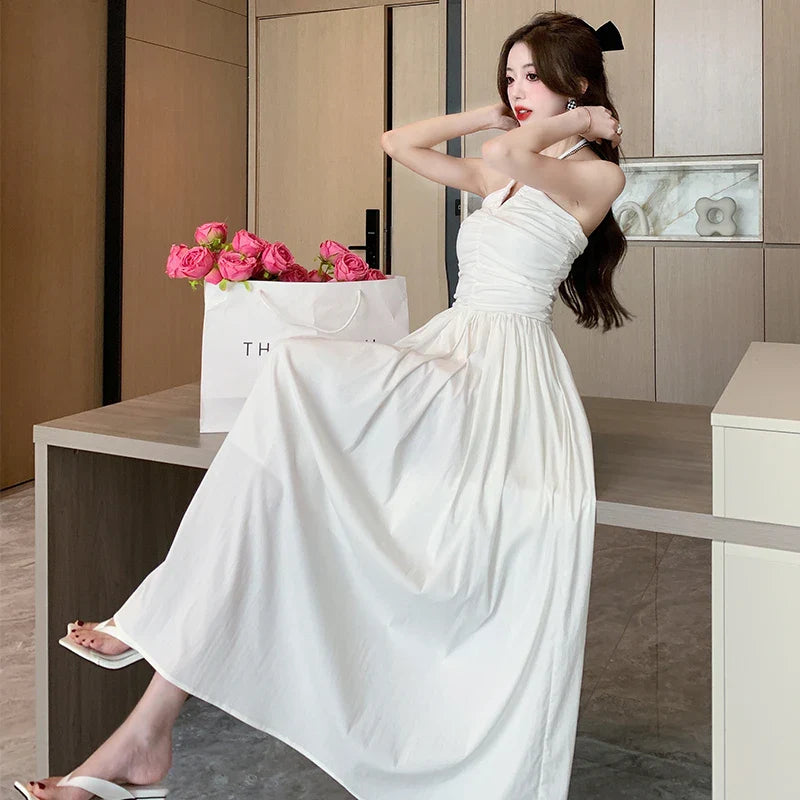 maoxiangshop Vintage White Long Dresses for Women Summer Elegant Chic Solid Sleeveless Casual Female Korean Slim Sexy Backless Sundress