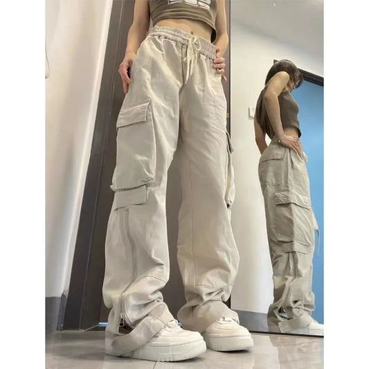 maoxiangshopWomen Big Pockets Cargo Pants Y2k High Elastic Waist Drawstring Baggy Trousers Vintage Casual Loose Side Zipper Straight Pants