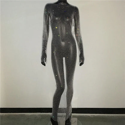 maoxiangshop-Y2K Sexy Shiny Rhinestones Grid Fishnet Dress Long Sleeve Hollow Out Side Slit Dress Beach Cover Up Breathable Lady Vestidos