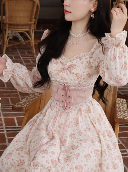 Spring Pink Floral Elegant Dress Women Bandage Lace Print Sweet Vintage Dress Puff Sleeve Kawaii Dress Women Princess Fairy