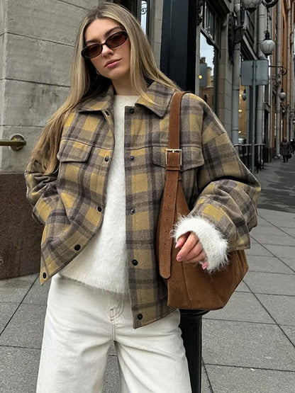 maoxiangshop  -  2024 New Plaid Contrast Jacket Women Autumn Winter Single Breasted Long Sleeve Outerwear Female Streetwear Vintage Fashion Coat