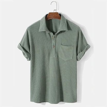 maoxiangshop Summer Mens Casual Plaid Polo Shirts Top Turn-Down Collar Button Blouse Short Sleeve Solid Pocket Blouse Shirt Men Clothing