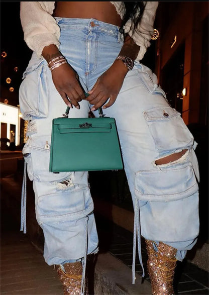 maoxiangshopY2K Women Korean Vintage Streetwear Baggy Ripped Jeans High Waiste Straight Wide Leg Pants Cargo Denim Trousers Grunge Clothes