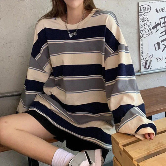 maoxiangshop autumn Hoodies Striped Oversized Sweatshirt Women Harajuku Pullovers Korean Fashion Couples Matching Long Sleeve Tops Streetwear