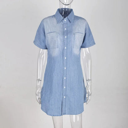 maoxiangshop Casual Women's Denim Shirt Dress Short Sleeve Button Pockets Distressed Jean Dress 2024 Spring Summer Loose Dresses Female