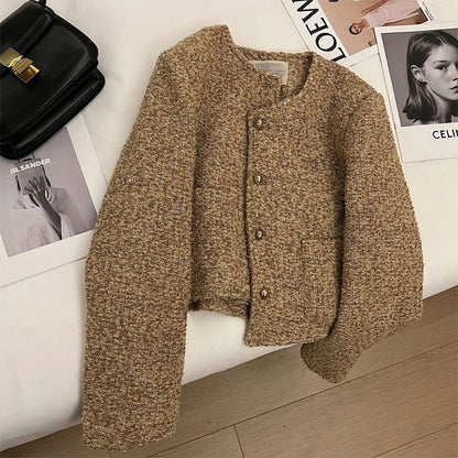 Vintage Tweed Jacket Women Cropped Quilted Coat Winter Elegant Blazer Ladies Korean Thicken Chic Short Suit Outerwear New