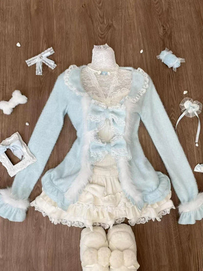 maoxiangshop  -  3 Pieces Set Women Slim Sweet Lace Patchwork Knitted Sweater + Slim Halter Grunge Vest+ Y2k Aesthetic Kawaii Cute Pleated Skirts