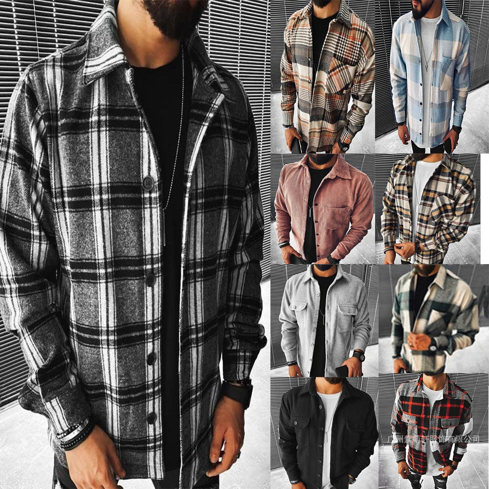 maoxiangshop Men Plaid Shirt Spring Fashion Large Size Pockets Long Sleeve Top Turn-down Collar Single-breasted Shirts