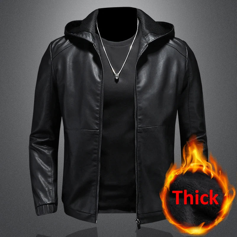 maoxiangshop Hooded PU Jackets Men Biker Jacket Spring Autumn Leather Jacket Coat Male Fashion Casual Black PU Leather Coat Big Size 5XL
