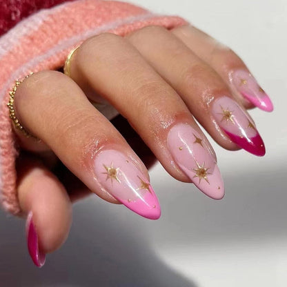 24Pcs Pink Almond False Nails Shiny Golden Ripples Stiletto Fake Nails Detachable Oval Full Cover Press on Nails Tips Manicure