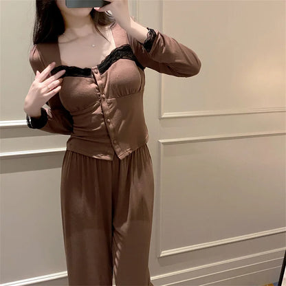 maoxiangshop  -  Modal Comfort Padded Top Pajamas For Women Autumn Spring Sweet Casual Lace Trim Long Sleeve Slim T-shirts + Wide Leg Pant Sets